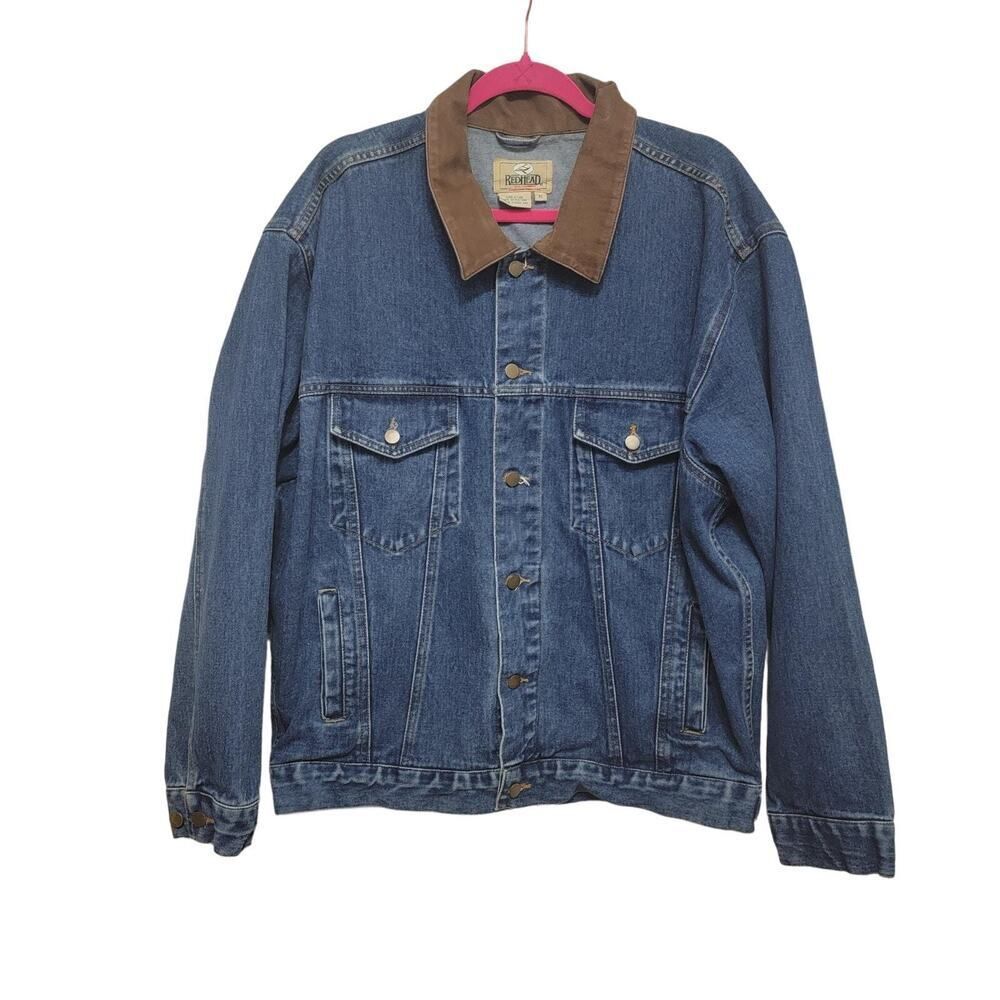 Redhead Vintage 90s Denim Coat Leather Collar Size XL 4-Pocket
